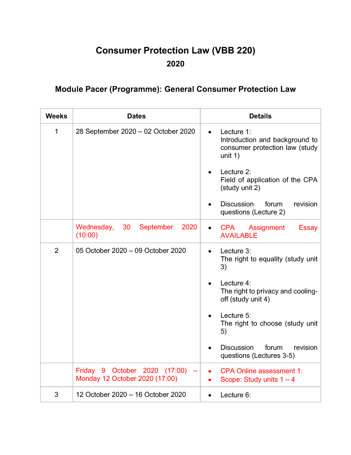 VBB Module Pacer - Consumer Protection Law (VBB 220) 2020 Module Pacer ...