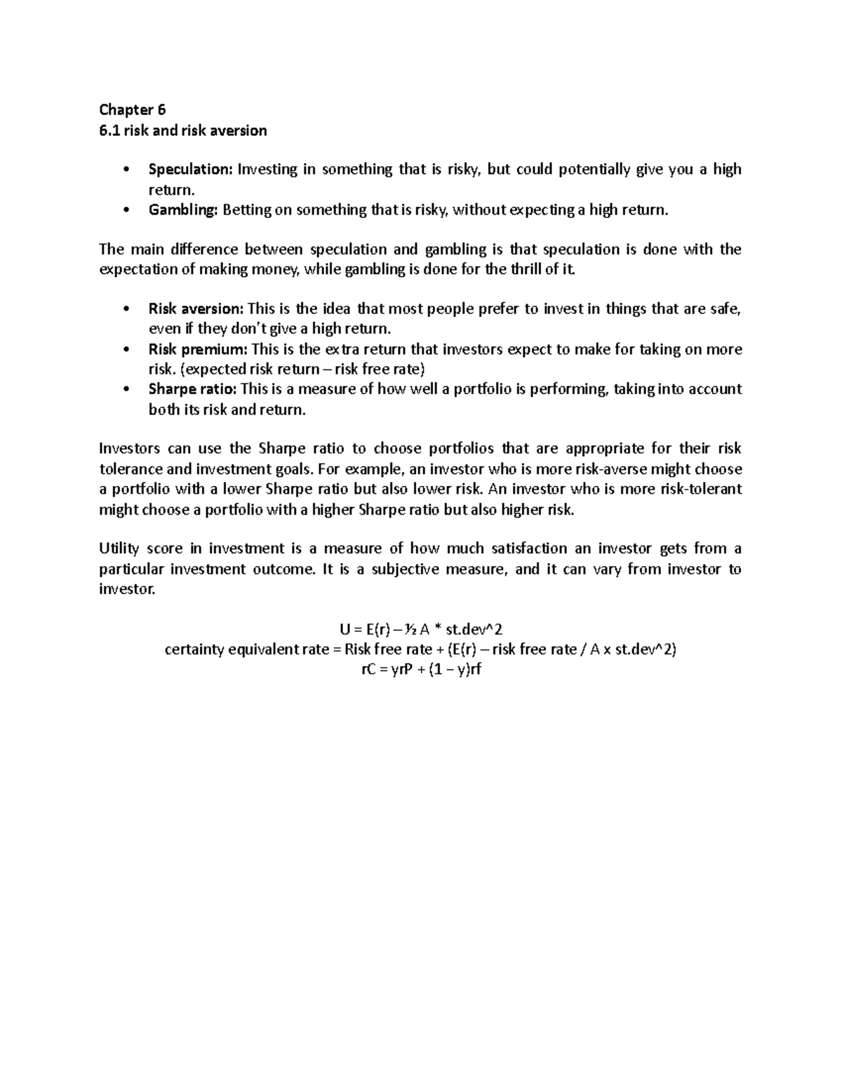 Chapter 6 summaries Chapter 6 6 risk and risk aversion Speculation