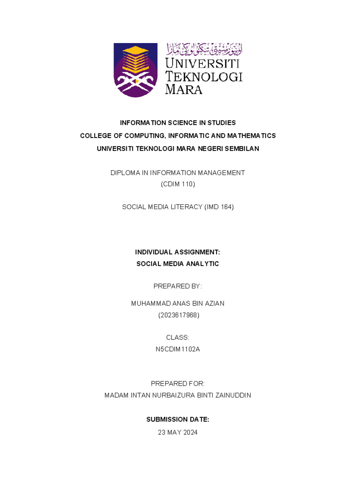 IMD 164 Individual - .................. - INFORMATION SCIENCE IN ...