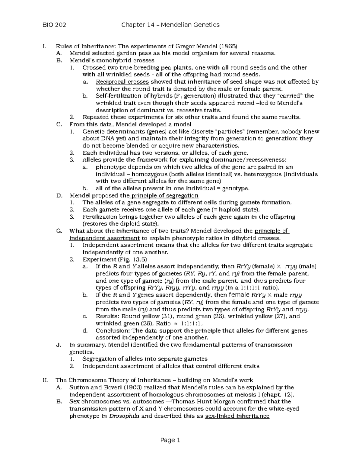 Ch. 14 outline - BIO 202 Chapter 14 – Mendelian Genetics I. Rules of ...