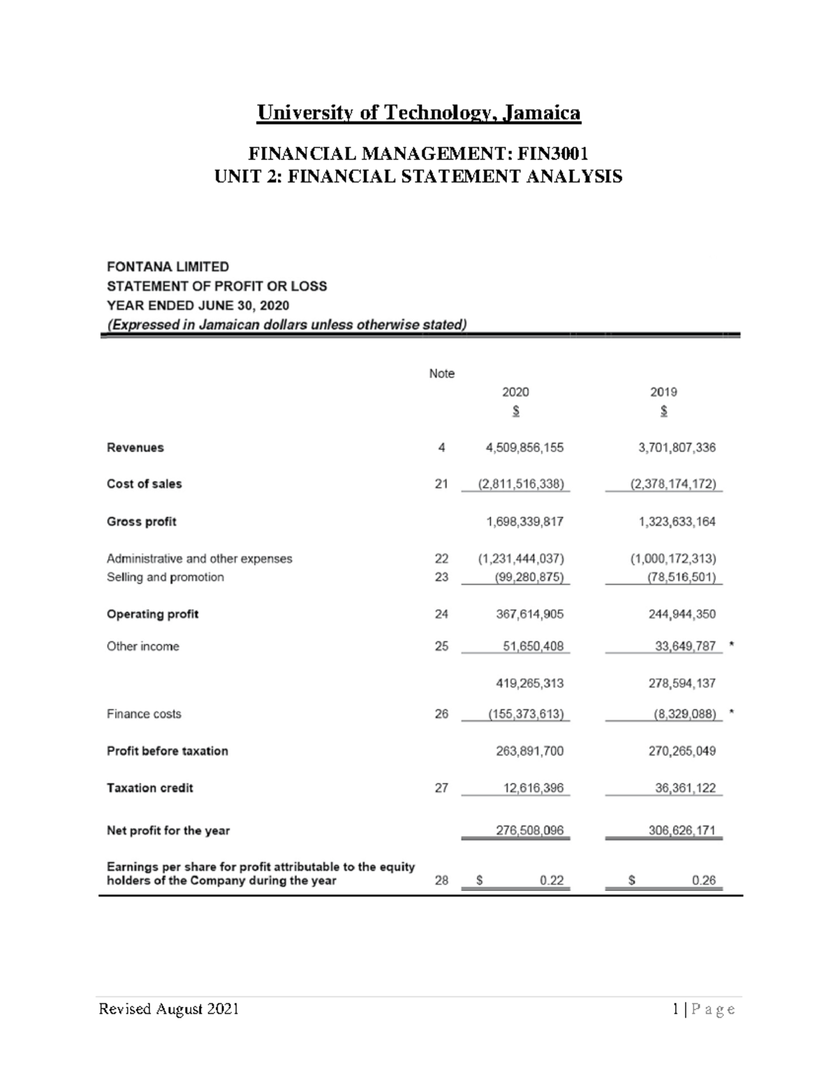 Fin Man Unit 2 Tutorial-Financial Statement Analysis revised Aug2021 ...