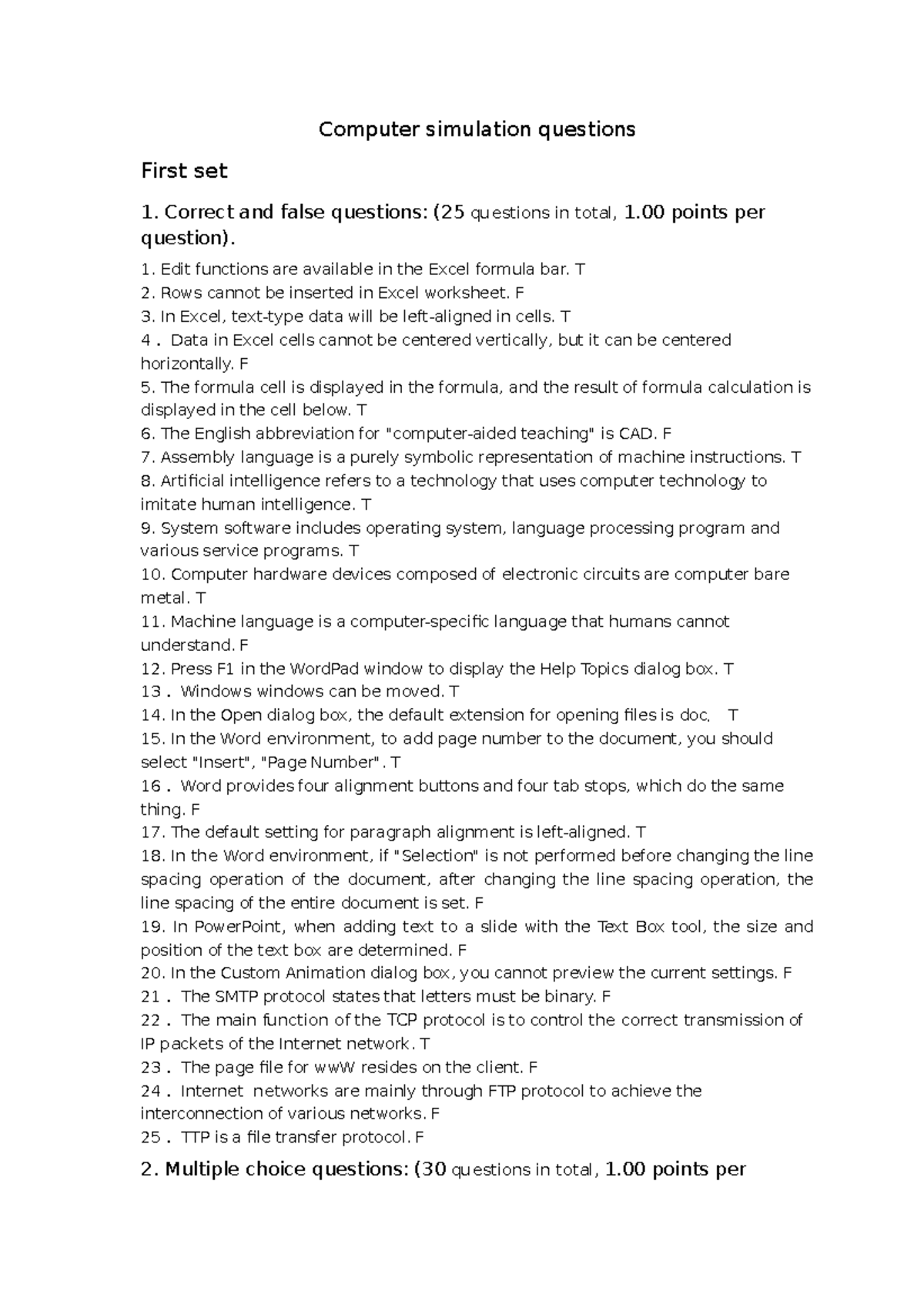 Computer simulation questions - Correct and false questions: (25 ...