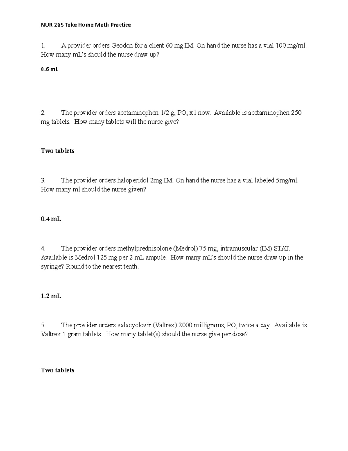 Math Practice 1 - A provider orders Geodon for a client 60 mg IM. On ...