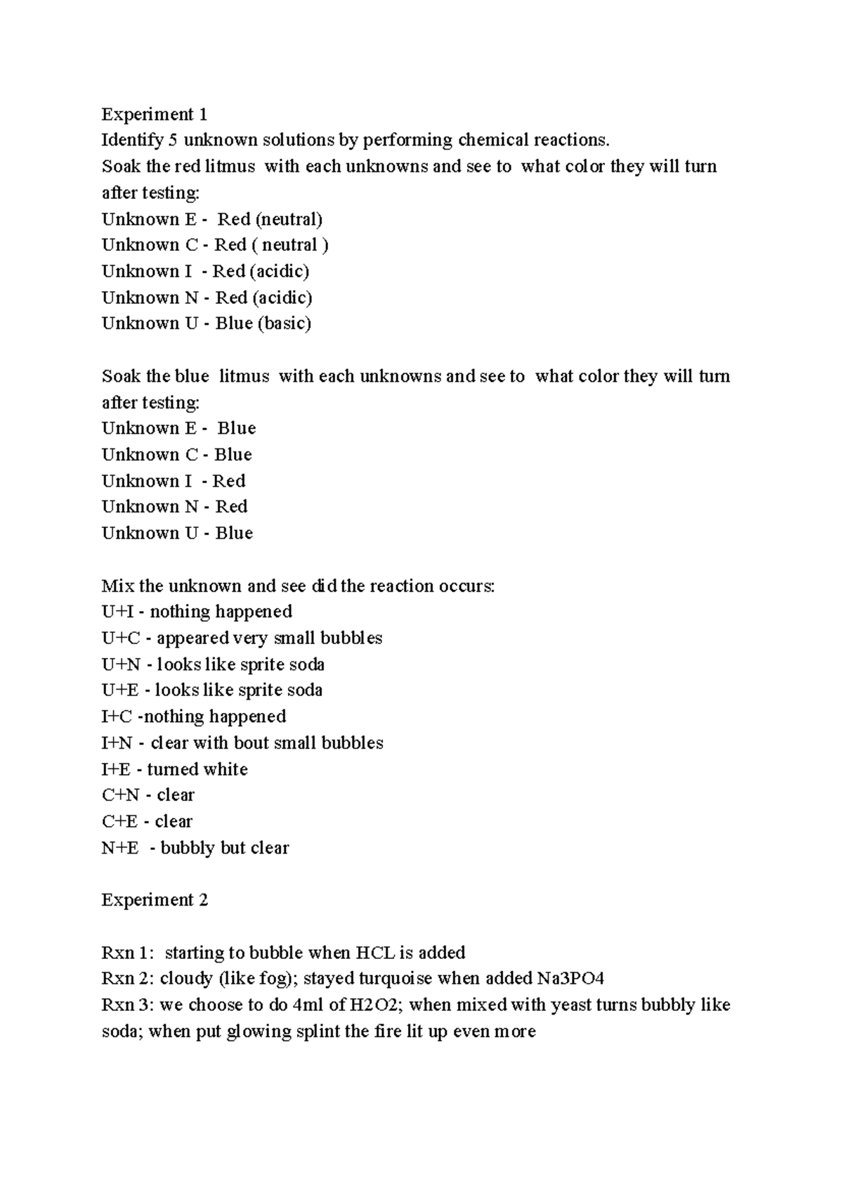 Investigation notes lab 4 - Experiment 1 Identify 5 unknown solutions ...
