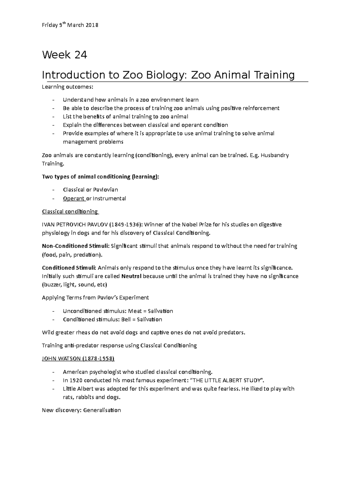 Week 24 - Zoo Animal Training - Week 24 Introduction to Zoo Biology ...