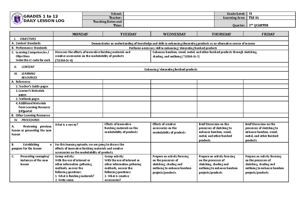 Lesson Log- Lesson Log-6 Q3 W3 - Grades 1 To 12 Daily Lesson Log School 