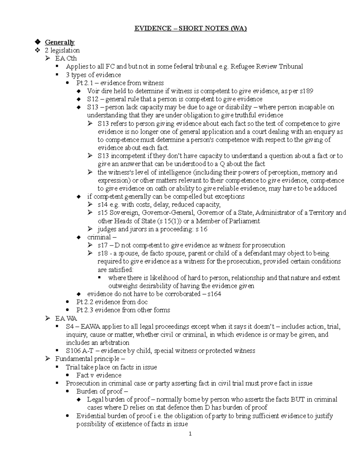 Evidence EXAM Notes - EVIDENCE – SHORT NOTES (WA) Generally 2 ...