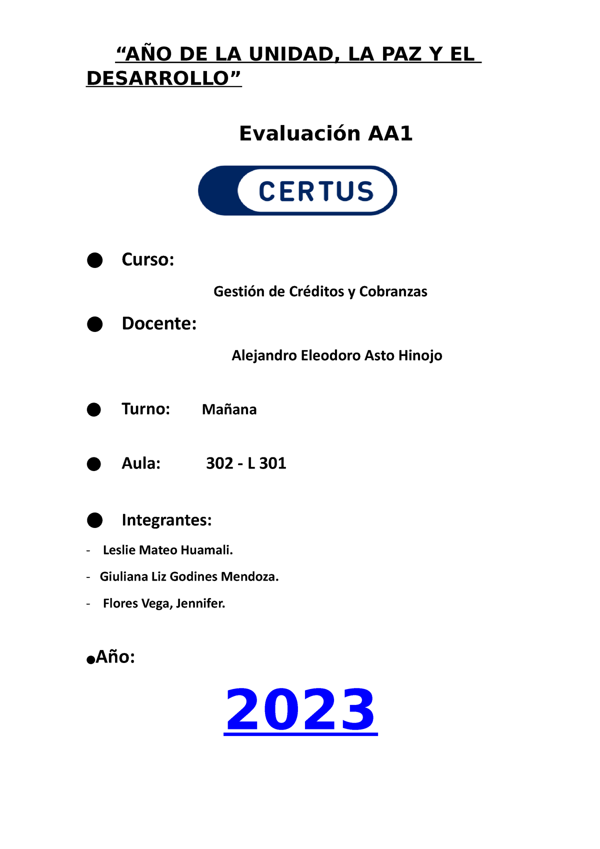 Gestion De Creditos Aa A O De La Unidad La Paz Y El Desarrollo