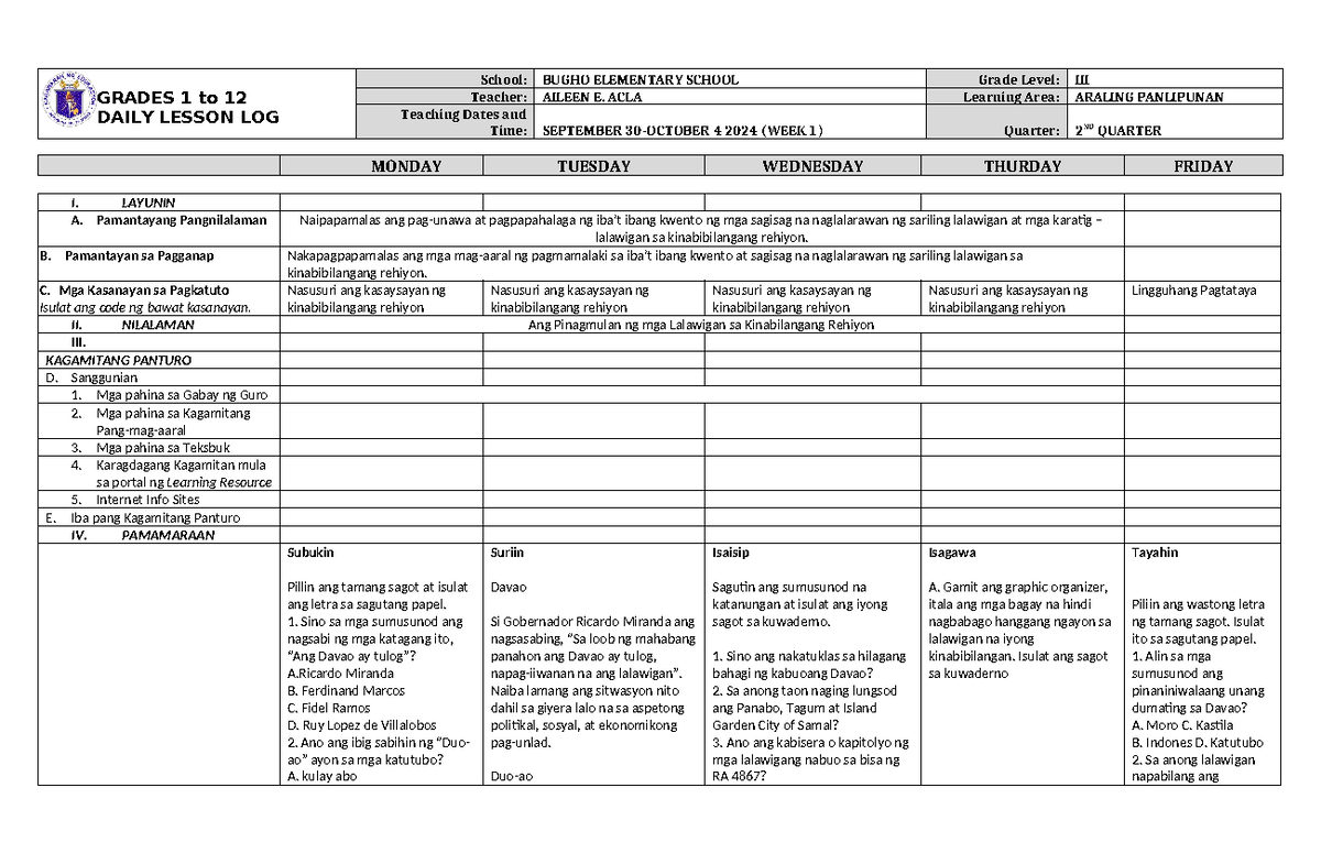 DLL Araling Panlipunan 3 Q2 W1 - GRADES 1 to 12 DAILY LESSON LOG School ...