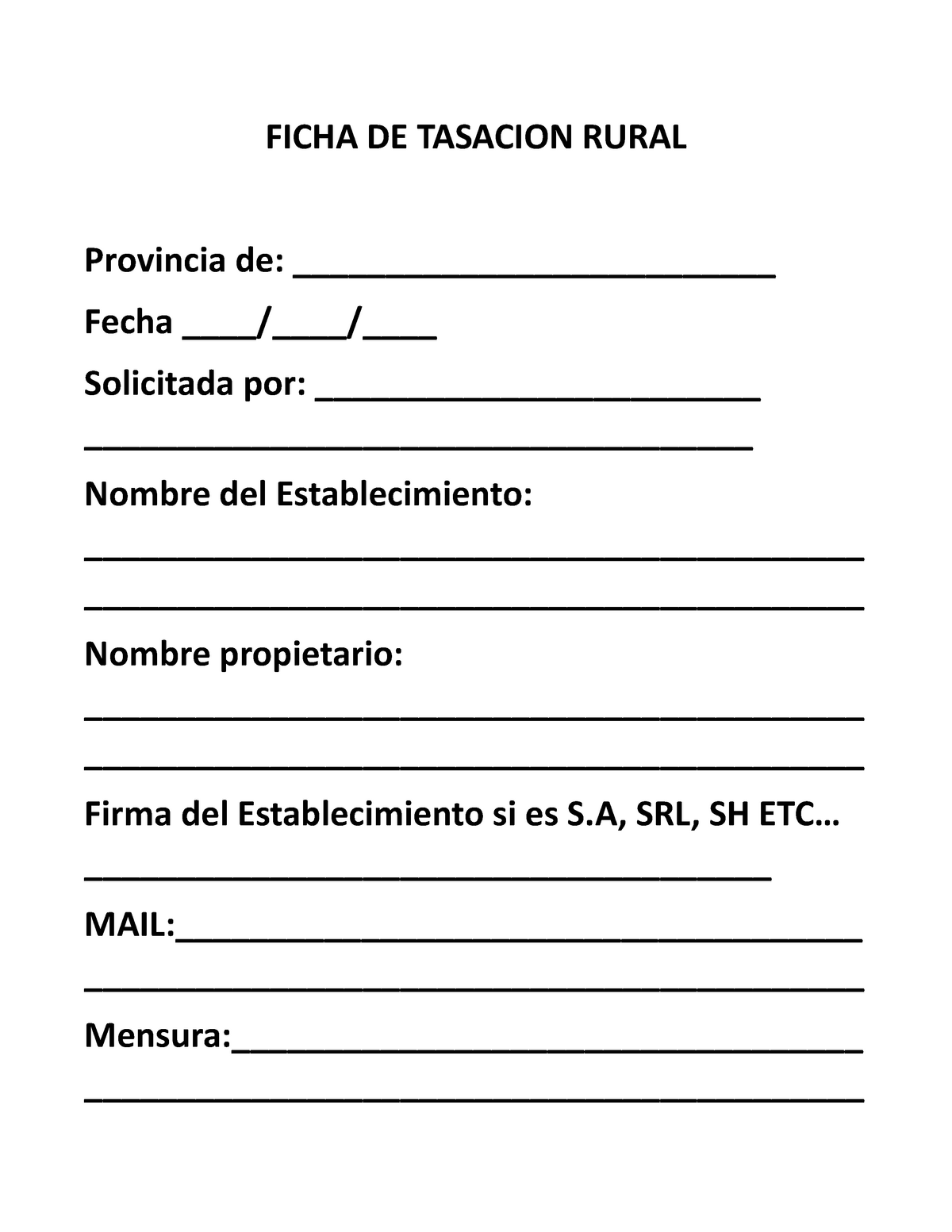 Ficha DE Tasacion Rural - FICHA DE TASACION RURAL Provincia de: Fecha -  Studocu