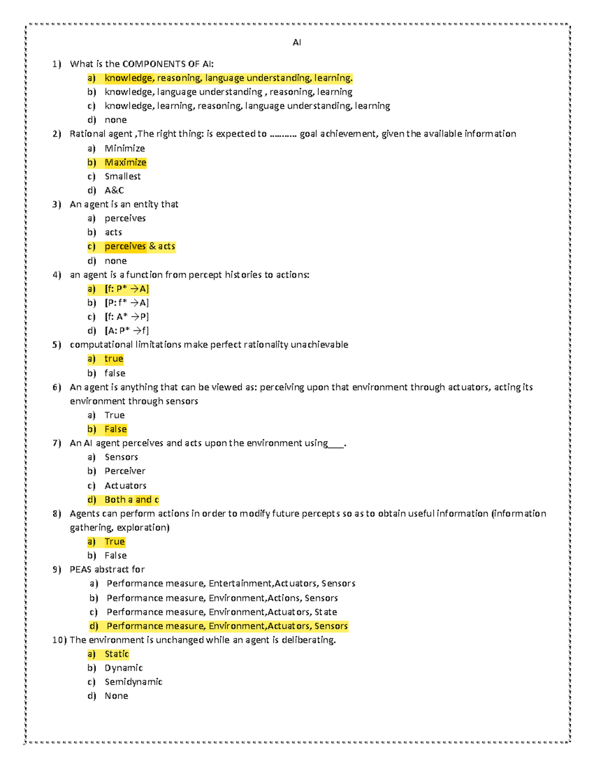 Ai questions - Ai Final Exam - AI What is the COMPONENTS OF AI: a ...