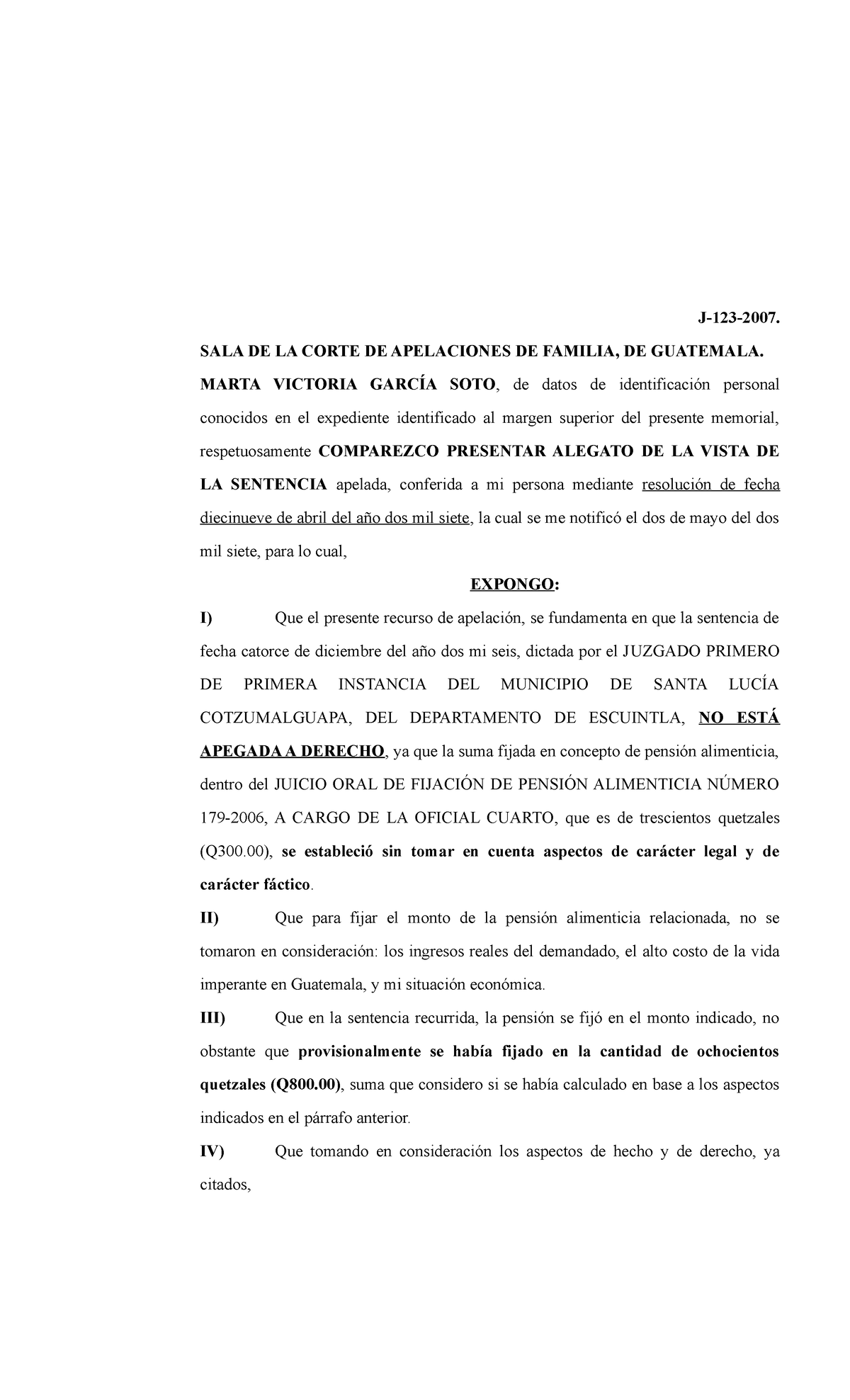 Alegato DE Vista DE Sentencia Apelada - J-123-2007. SALA DE LA CORTE DE ...