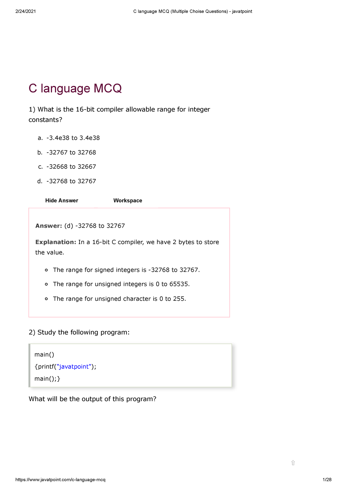 C language MCQ (Multiple Choise Questions) - javatpoint - C language ...