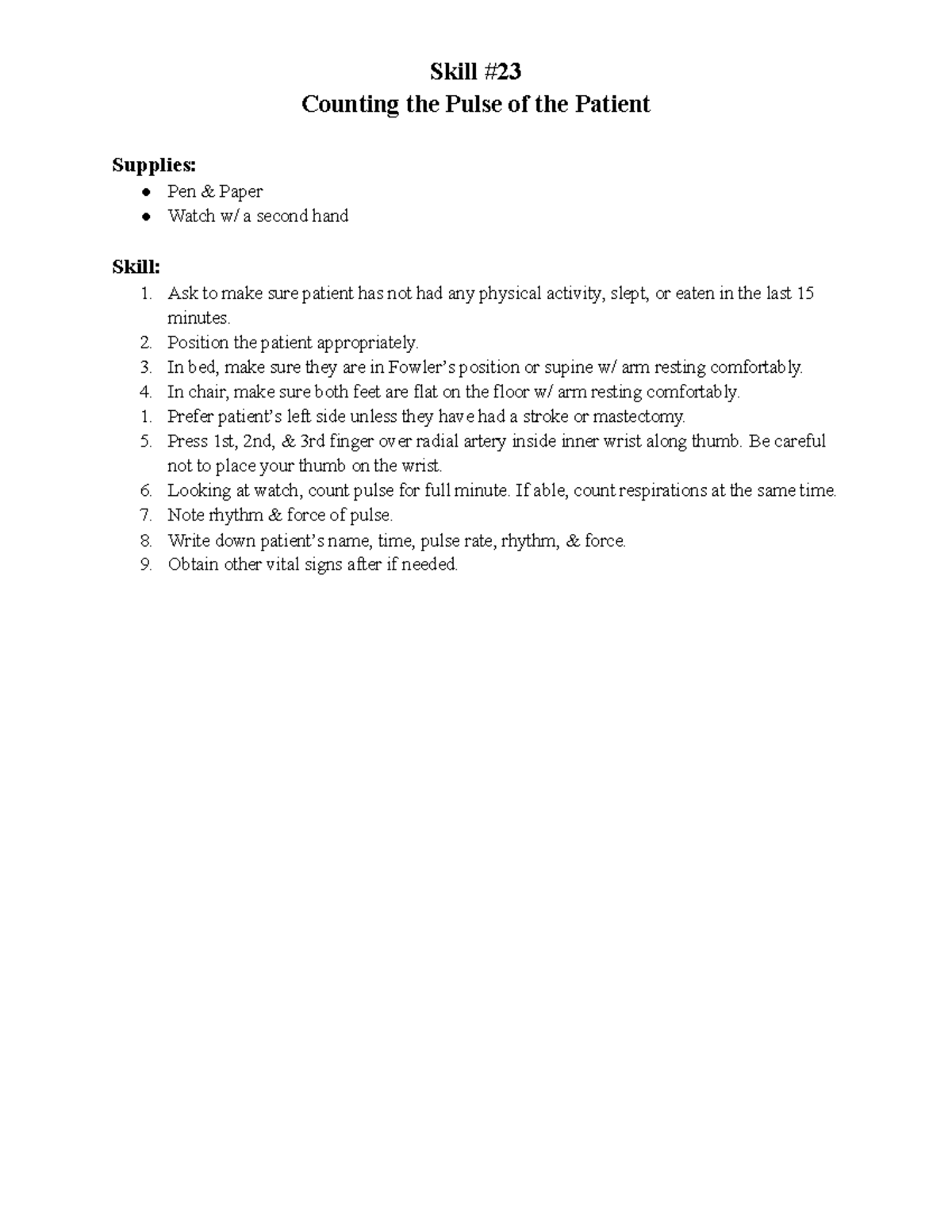Red Cross CNA Skill 23 Pulse Skill Counting the Pulse of the