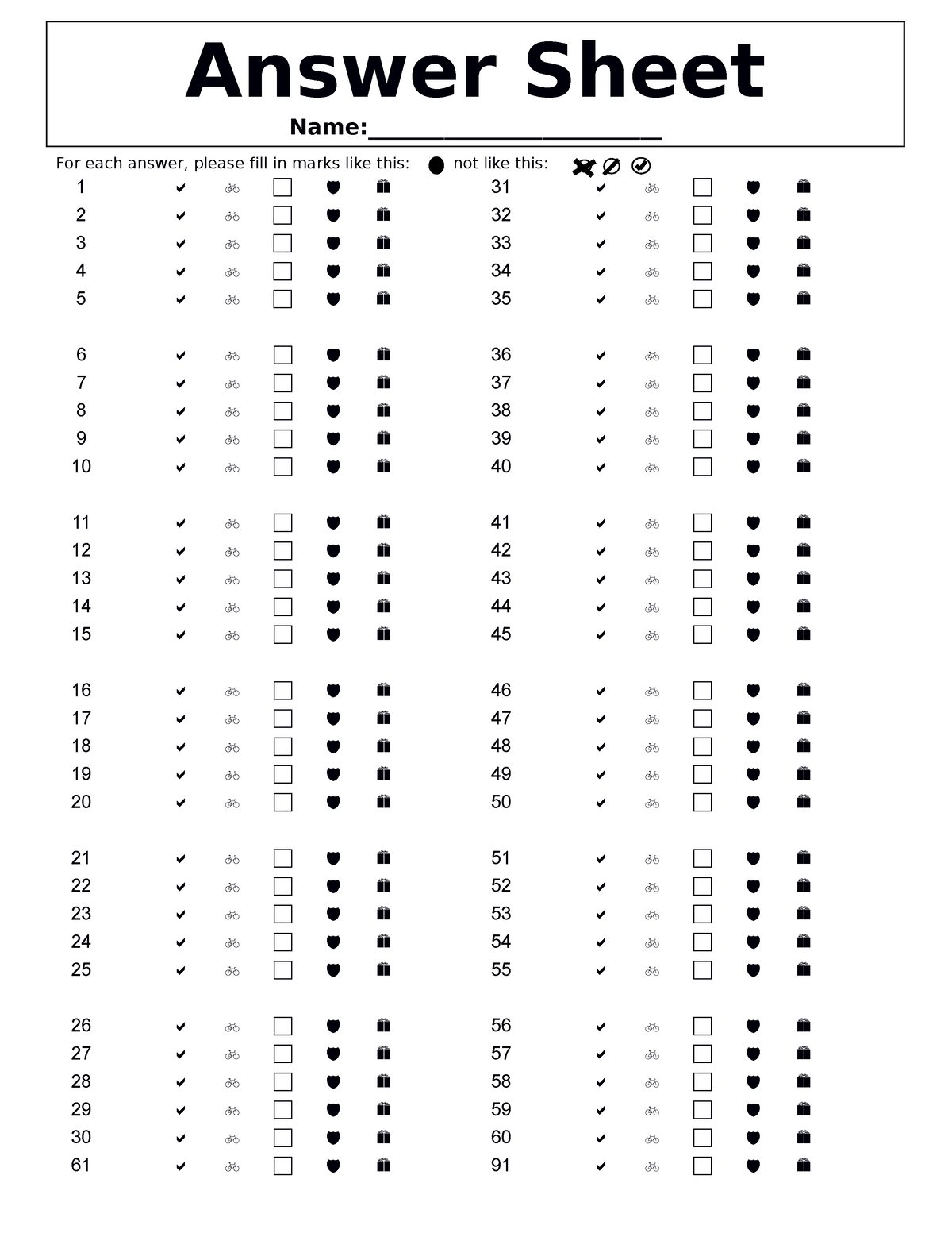 120 Question Answer Sheet - For each answer, please fill in marks like ...