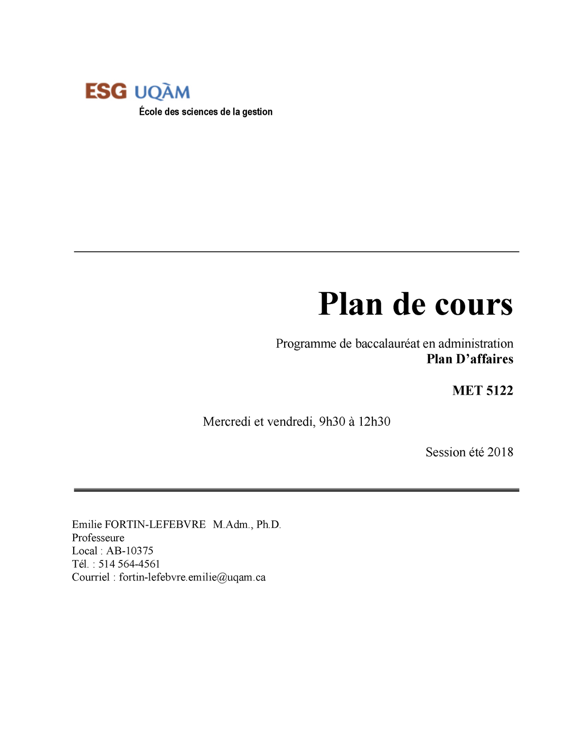 MET5122 Plan de cours été 2018  StuDocu