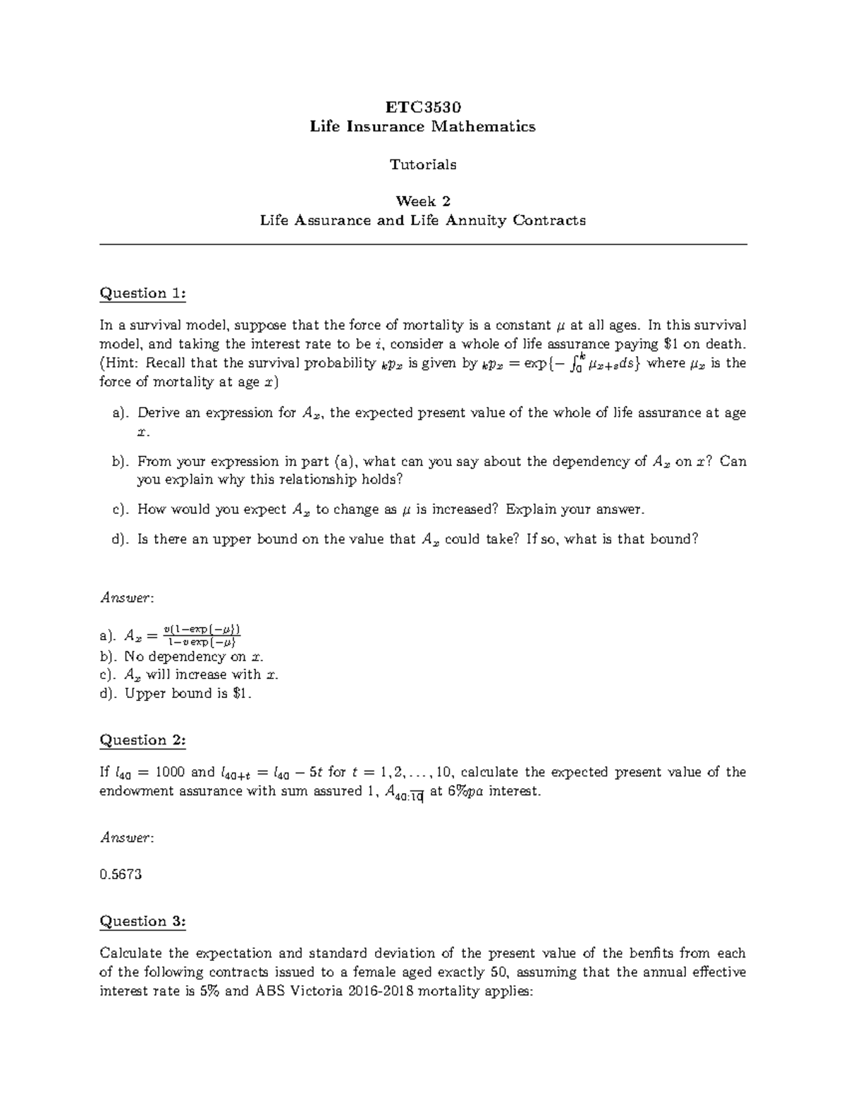Tutorial 2 questions - ETC Life Insurance Mathematics Tutorials Week 2 ...