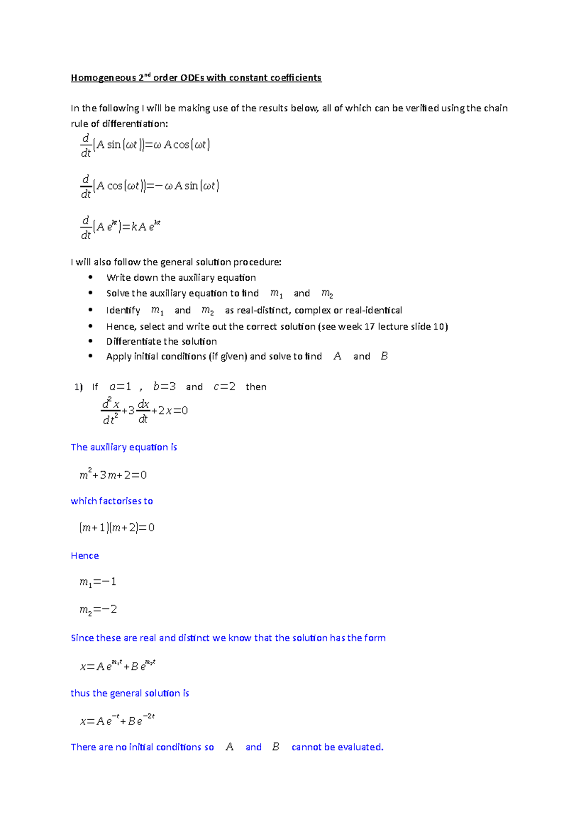 Worksheet 15 Solutions - Homogeneous 2nd order ODEs with constant ...