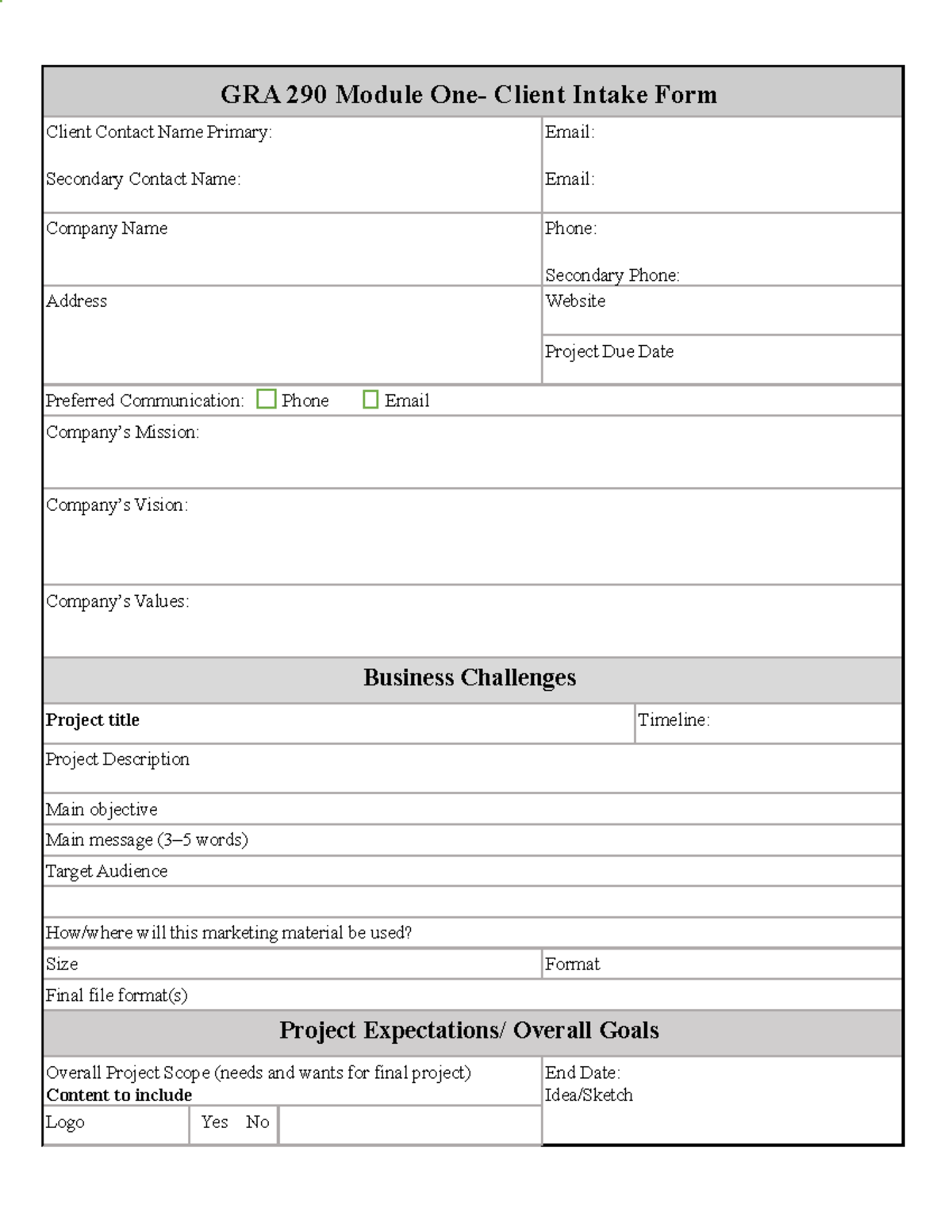 Intake form working GRA 290 Module One Client Intake Form Client