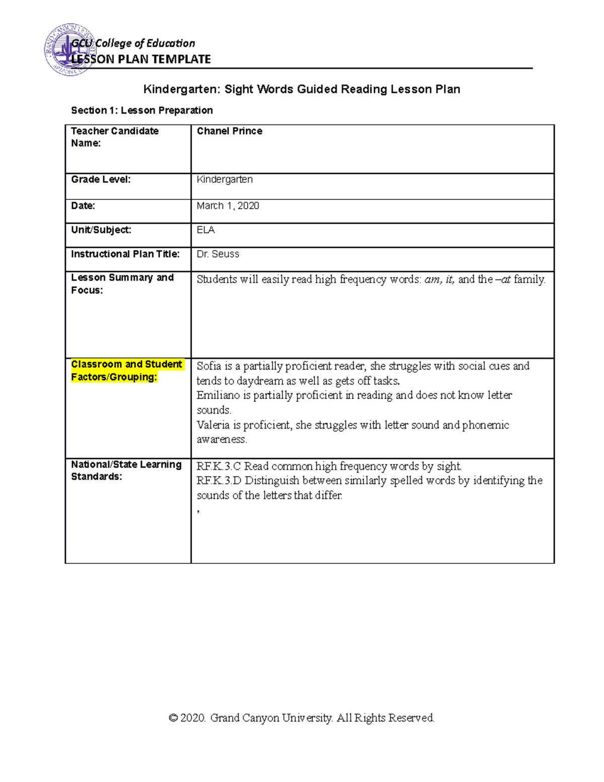 Lesson Plan Week 5 edu330 - LESSON PLAN TEMPLATE Kindergarten: Sight ...