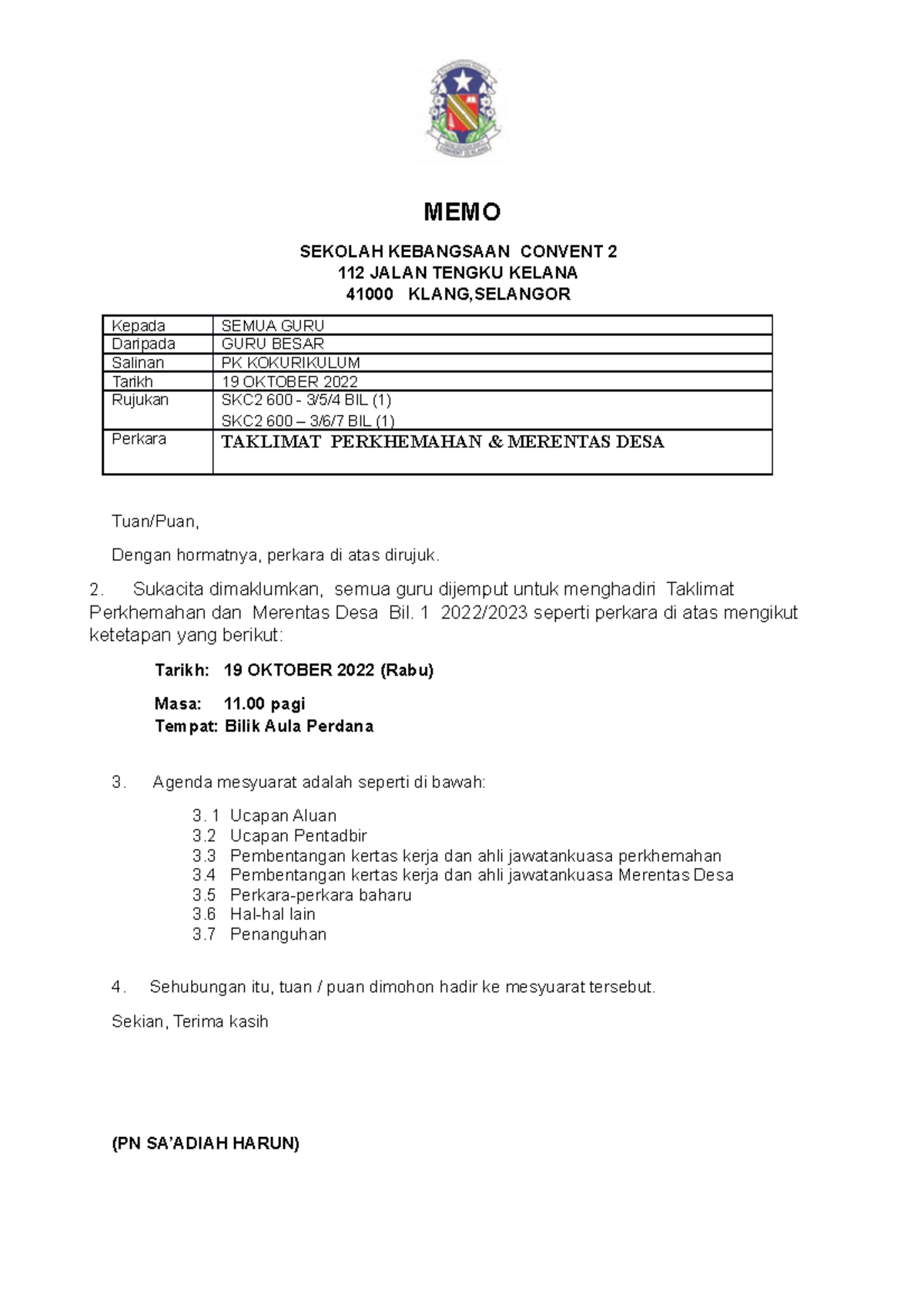 MEMO Selvi - Kepada SEMUA GURU Daripada GURU BESAR Salinan PK ...