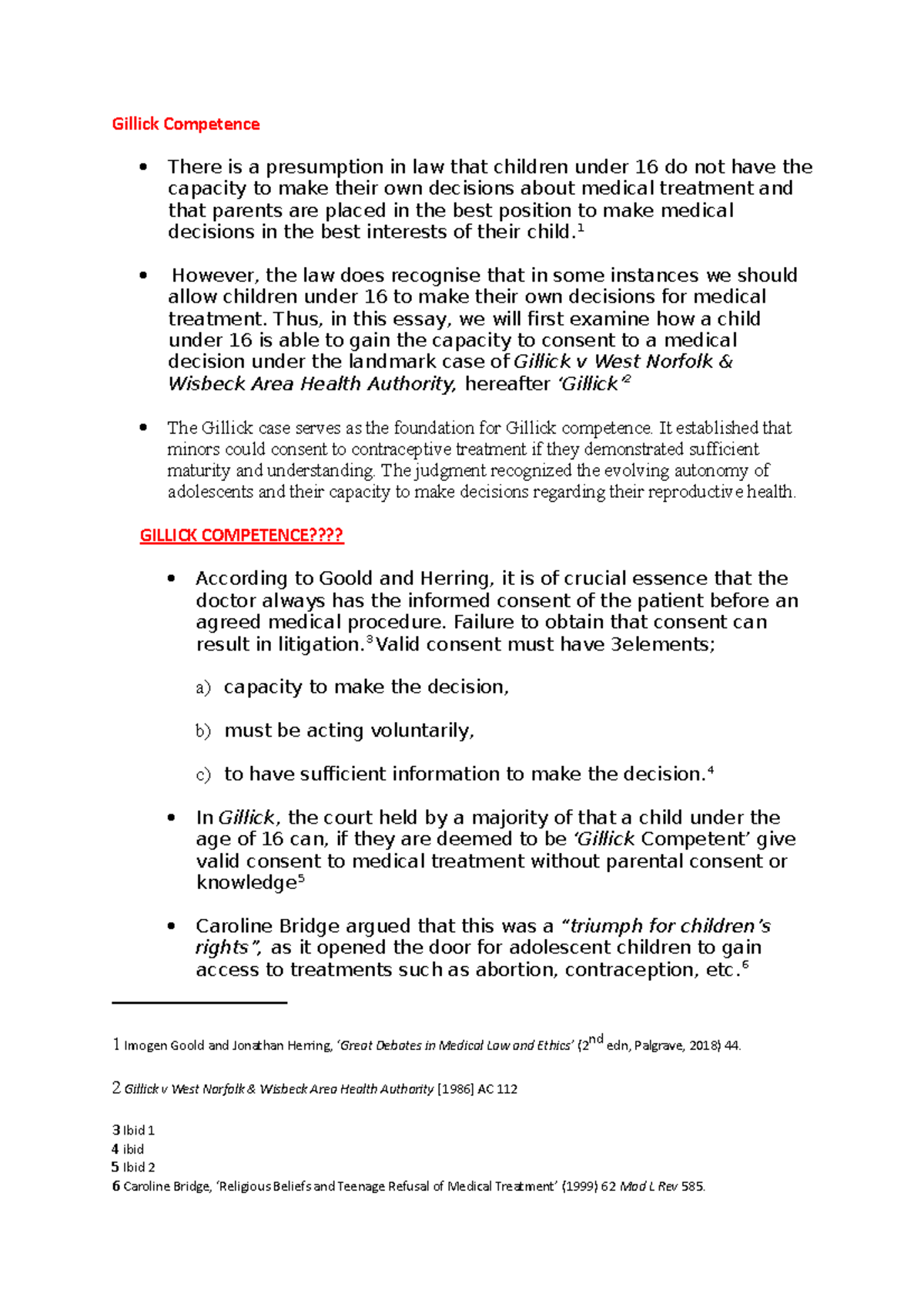 Gillick Competence Lecture notes Gillick Competence There is a presumption in law that Studocu