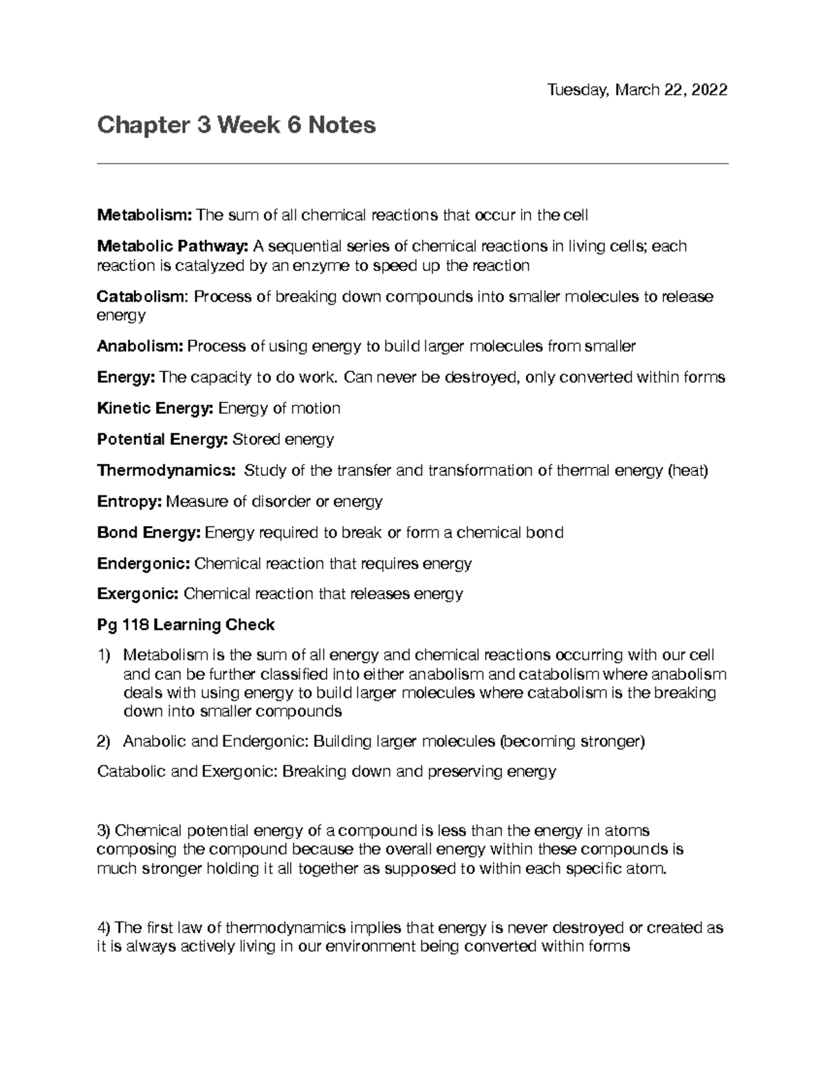 Week 6 Notes Cellular Respiration Review Chapter 3 Week 6 Notes