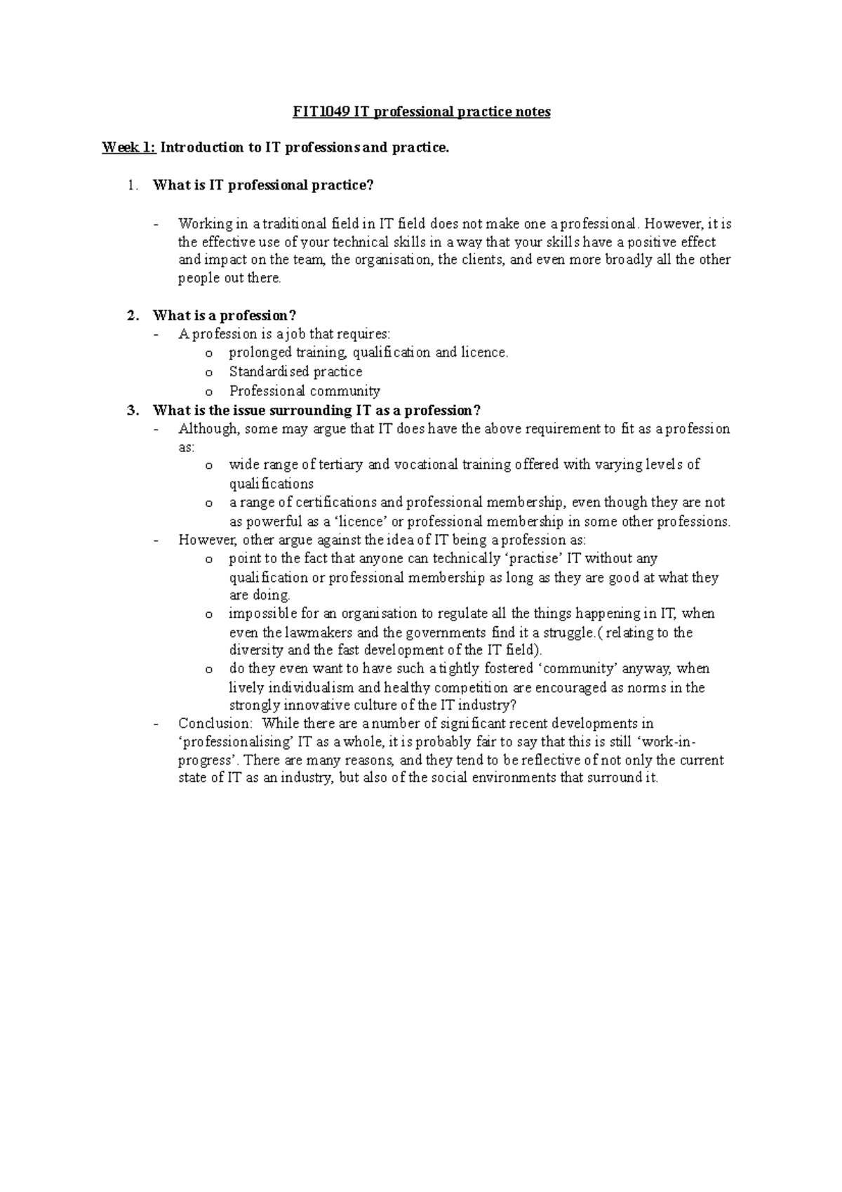 FIT1049 IT professional practice notes - What is IT professional ...