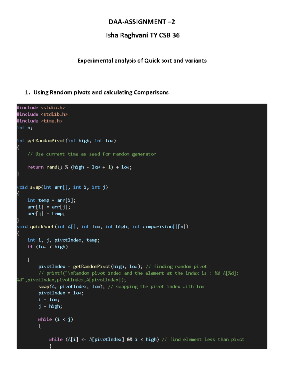 Randomized Quick sort analysis - DAA-ASSIGNMENT – Isha Raghvani TY CSB ...