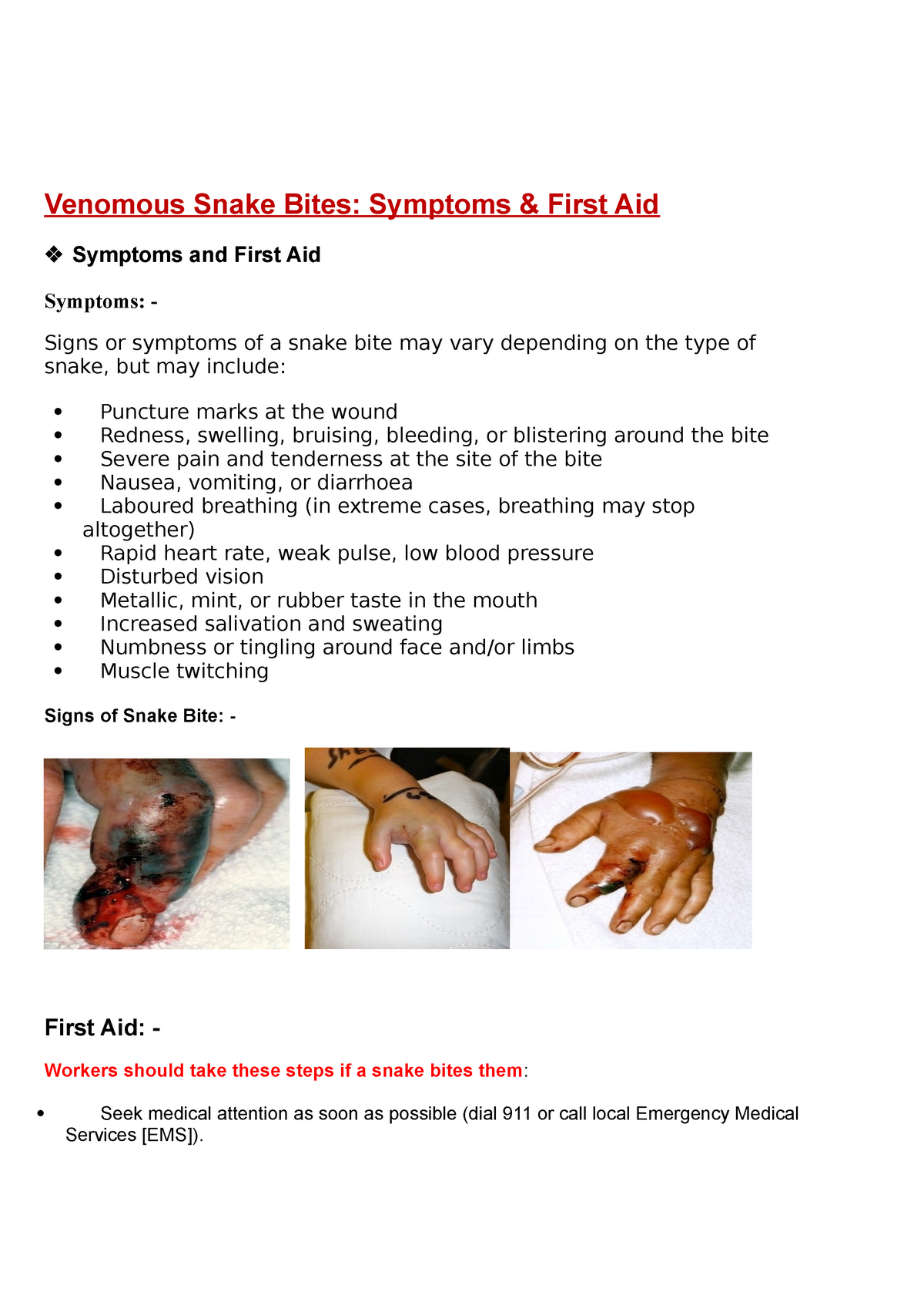 snake bites first aid treatment