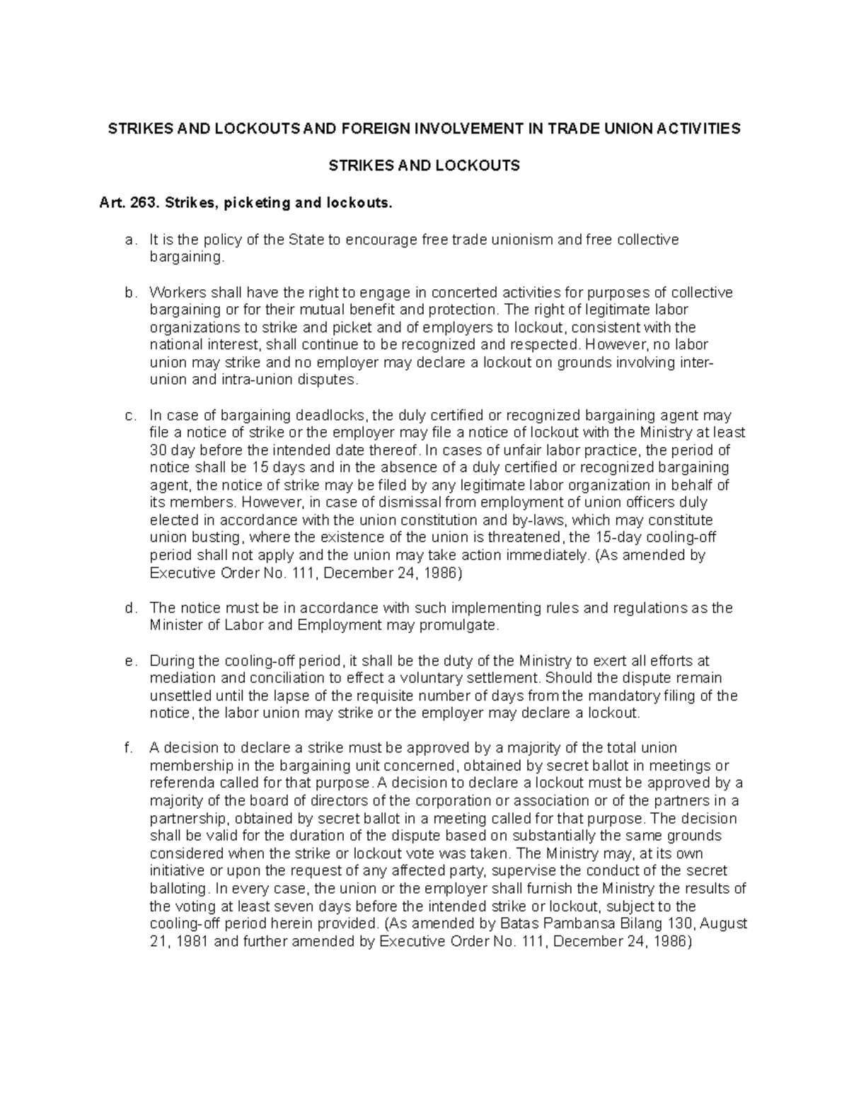 Law Related Studies STRIKES AND LOCKOUTS AND FOREIGN INVOLVEMENT IN