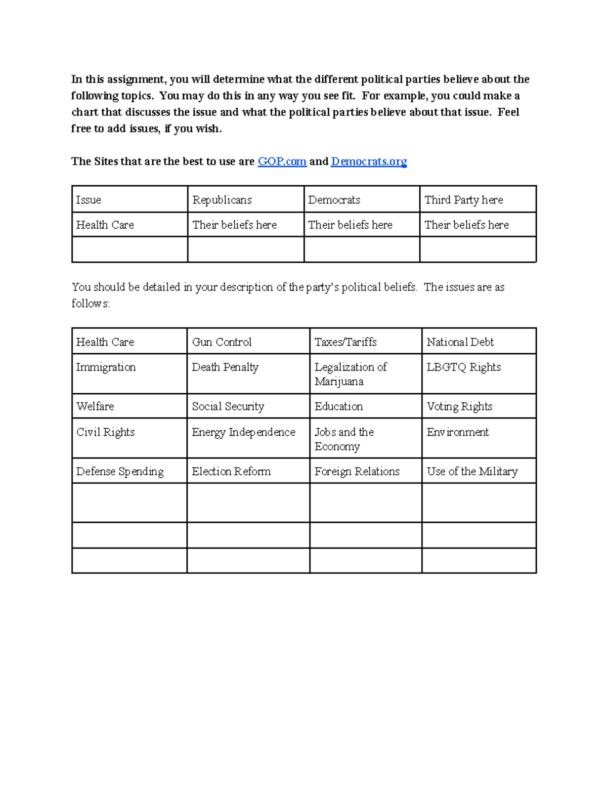 political parties internet assignment answers