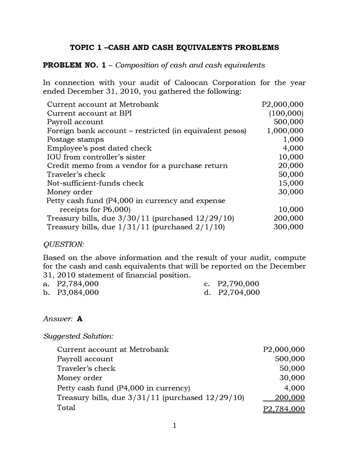 Case Problems Cash and Cash Equivalents TOPIC 1 CASH AND CASH