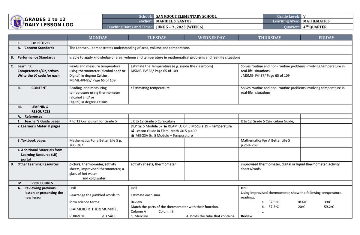 DLL Mathematics 5 Q4 W6 - I Can Upload Again Next Time - GRADES 1 To 12 ...