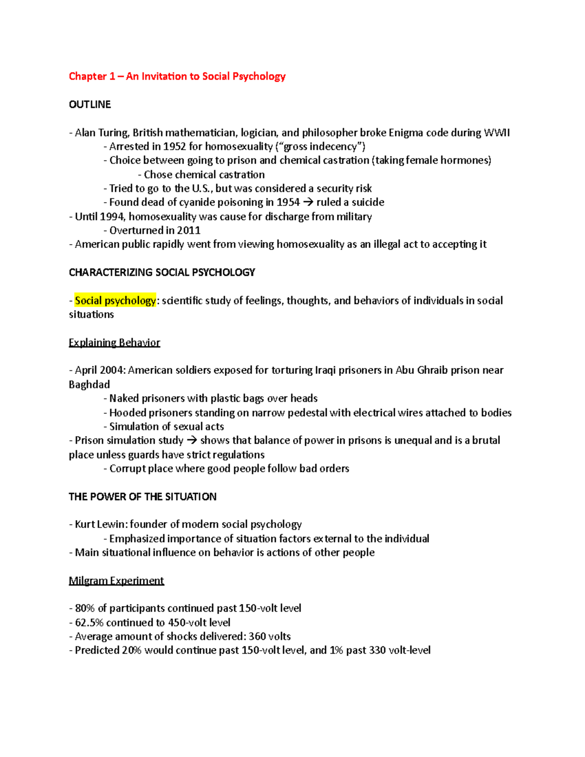 PSYC 215 Textbook Notes - Chapter 1 – An Invitation to Social ...