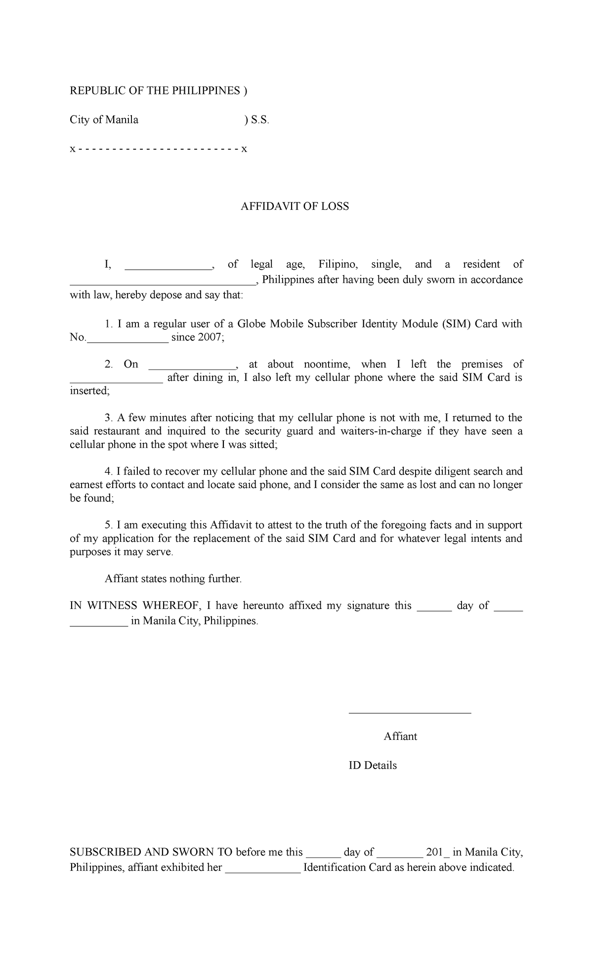 Affidavit of Loss Sim Card - REPUBLIC OF THE PHILIPPINES ) City of ...