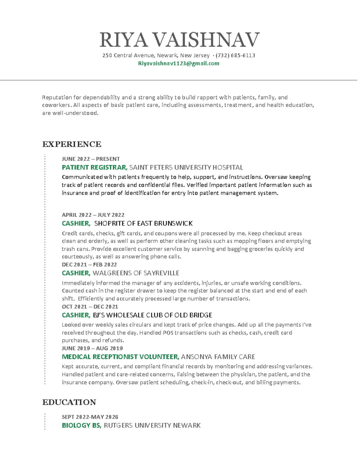 Resume - Sample - RIYA VAISHNAV 250 Central Avenue, Newark, New Jersey ...