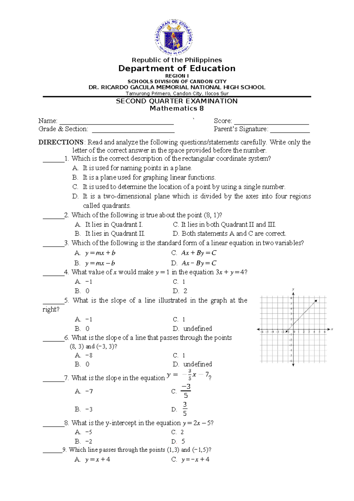 Math8 Q2-Exam - Nothing - Republic of the Philippines Department of ...