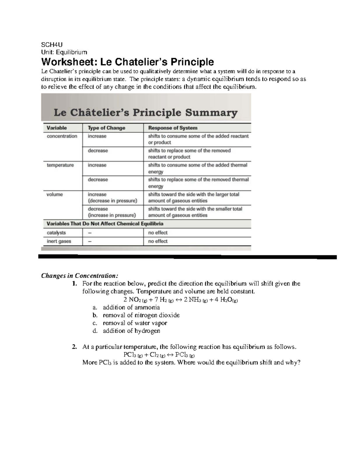 Le Chateliers Principle worksheet - SCH4U Unit: Equilibrium Worksheet ...