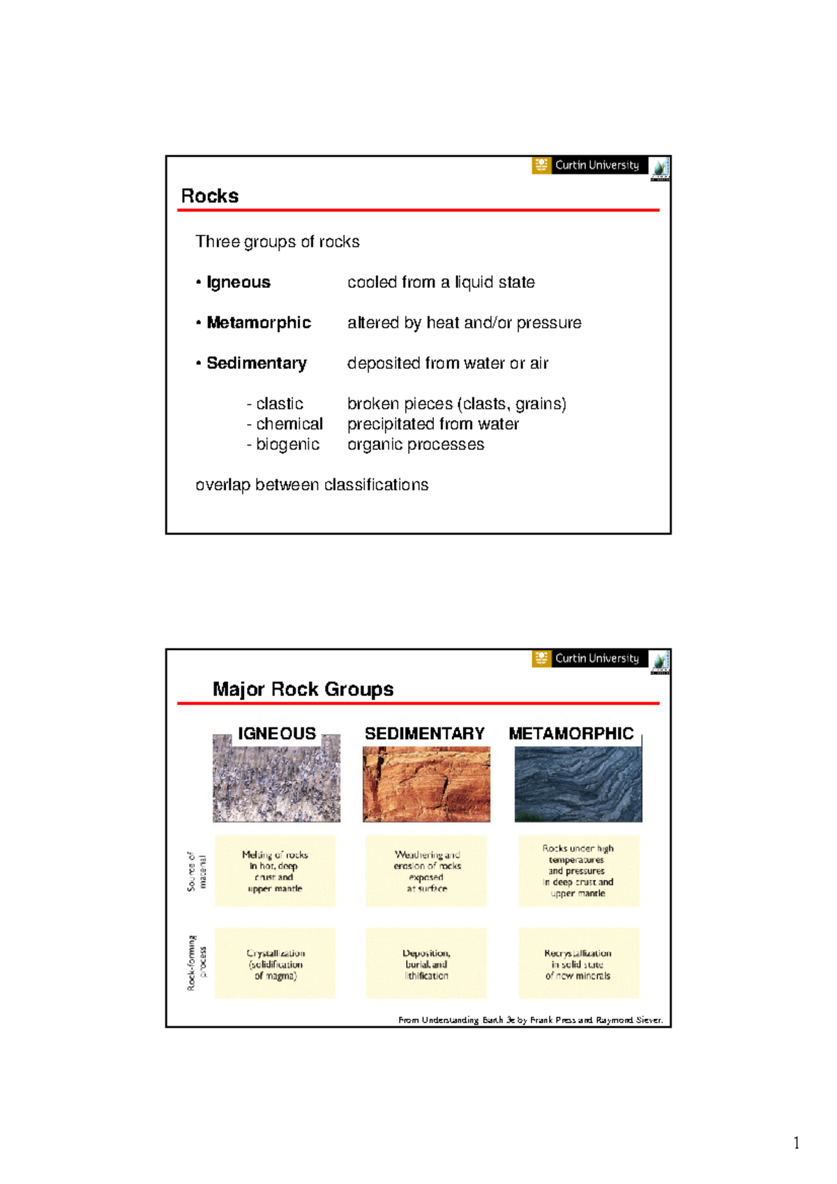 Lecture slides, lecture 3, rocks - Rocks Three groups of rocks Igneous ...