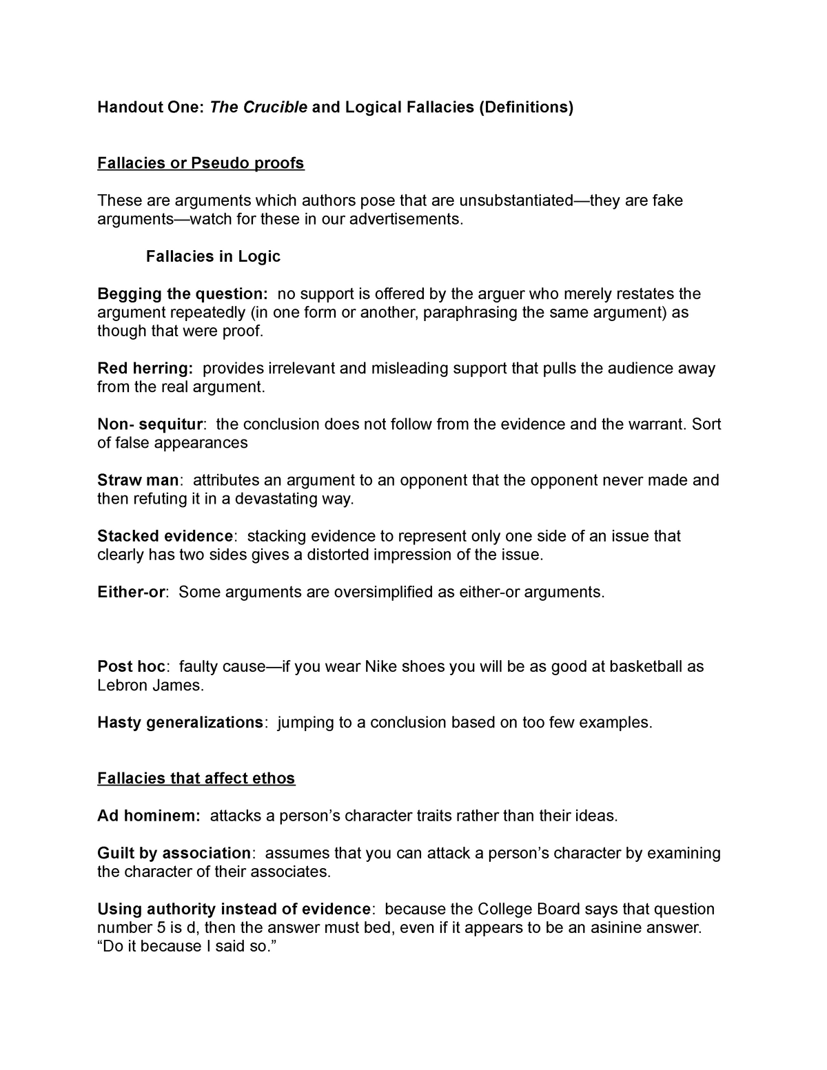 Activity eight logical fallacies in the crucible student version Pertaining To Logical Fallacies Worksheet With Answers