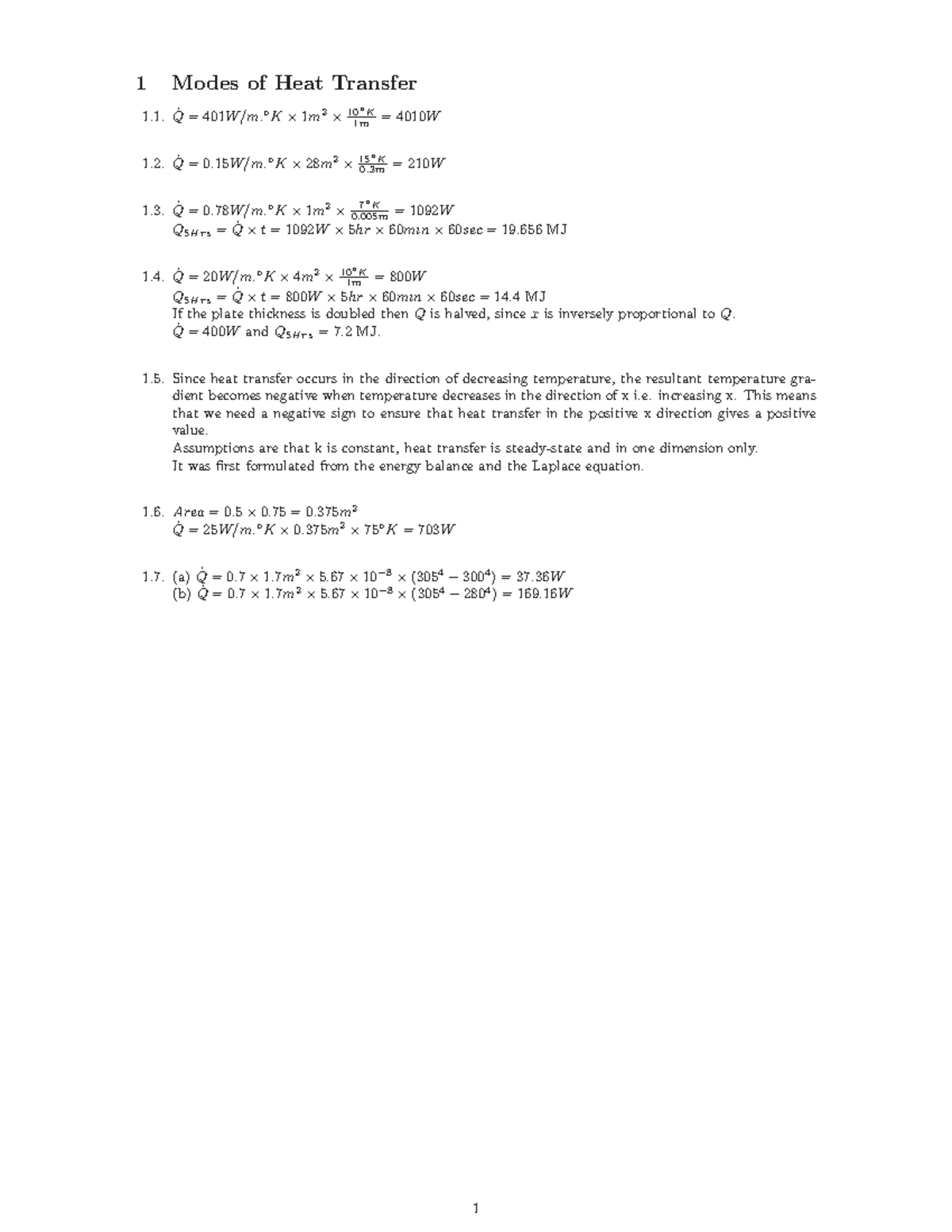 Tutorial 1 Solution (w2) - 1 Modes of Heat Transfer 1. K 1m2 10o K 1m 1 ...