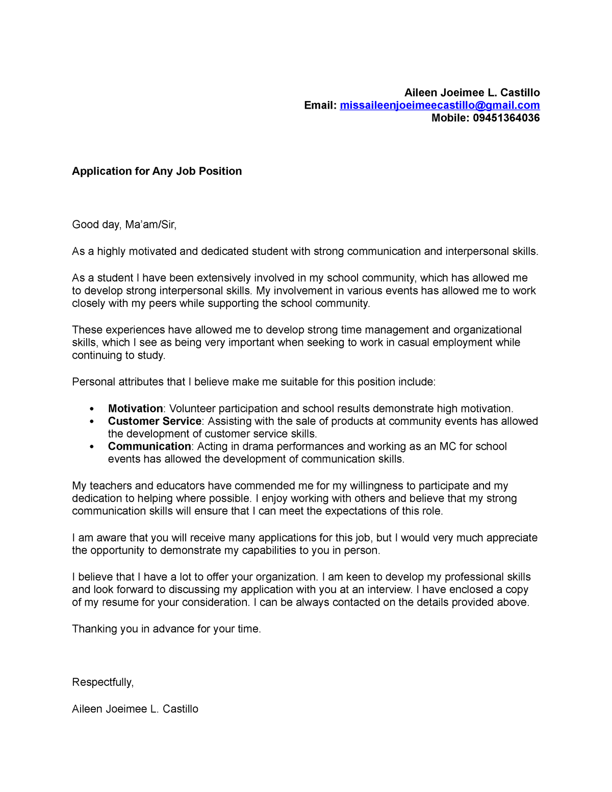 Cover Letter - Castillo - Aileen Joeimee L. Castillo Email 