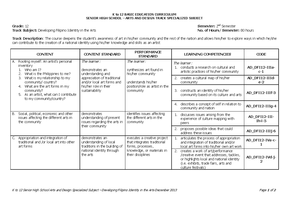 05 Arts and Design Developing Filipino Identity in the Arts 1 - K to 12 ...