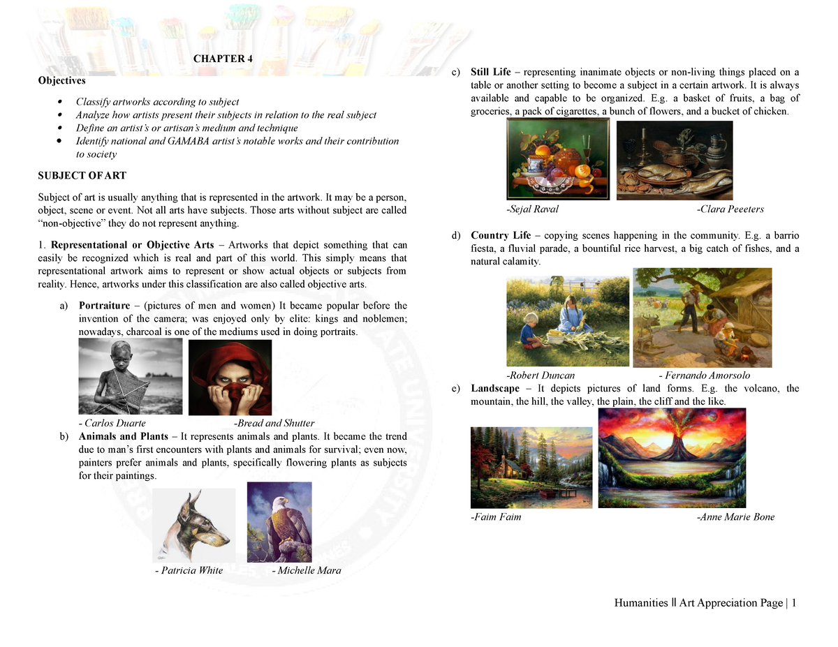 Chapter 4 Art Appreciation - CHAPTER 4 Objectives Classify Artworks ...