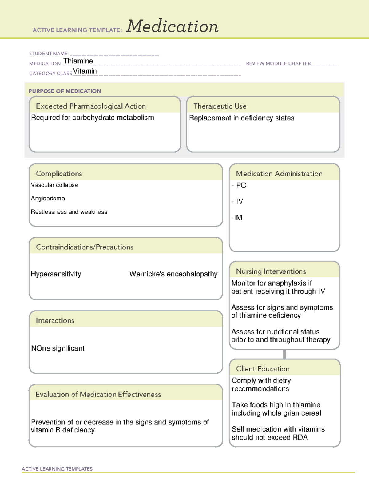Thiamine ATI medication assignment ACTIVE LEARNING TEMPLATES