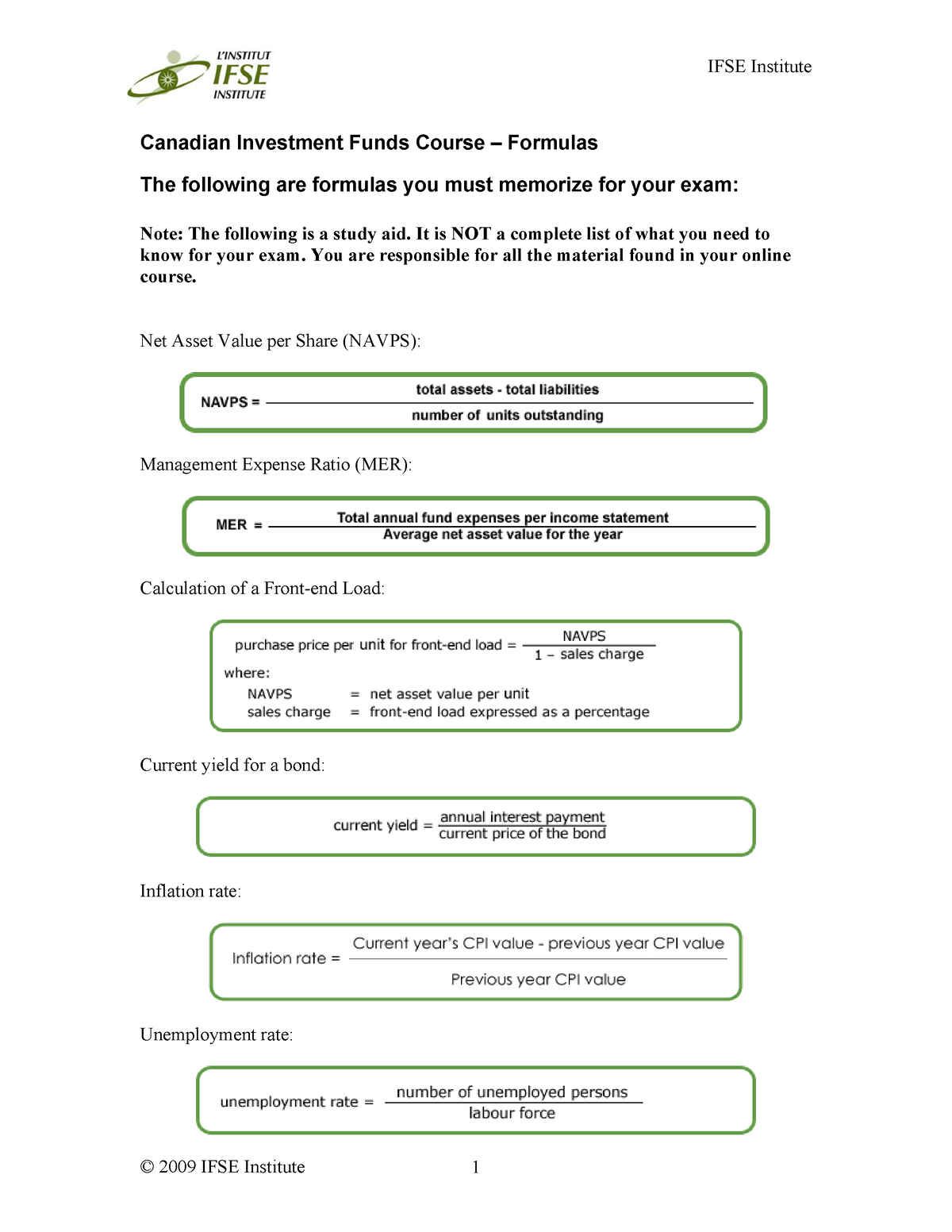 Cifc formula Sheet - Canadian Investment Funds Course – Formulas The  following are formulas you must - Studocu