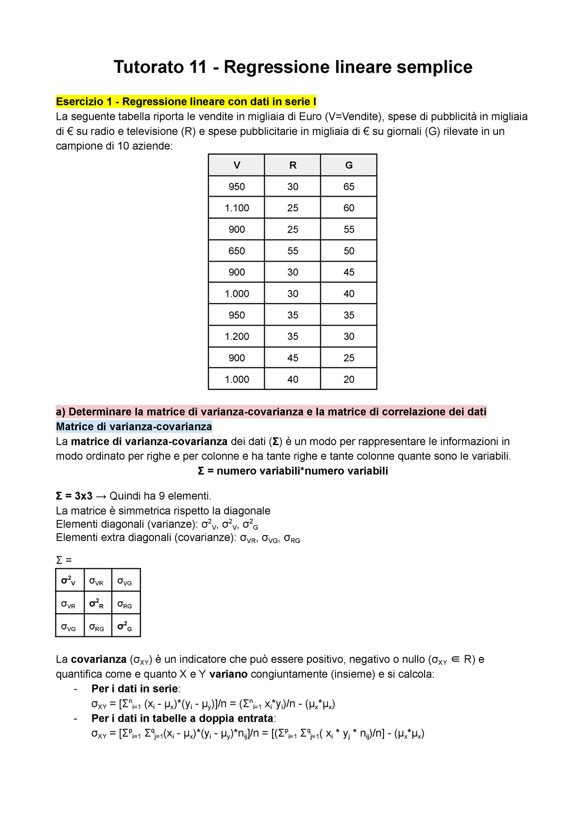 Tutorato 11 Regressione Lineare Semplice Tutorato 11 Regressione Lineare Semplice 3141