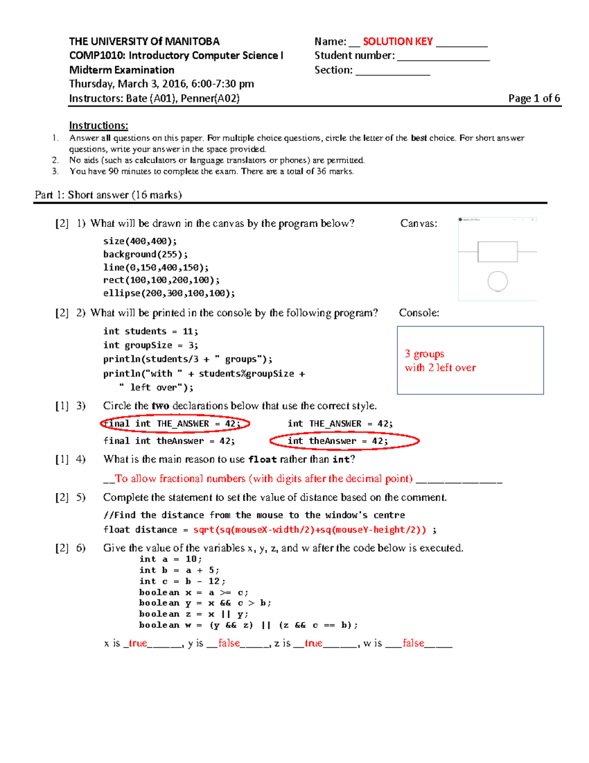 Midterm Winter 2016, answers - THE UNIVERSITY Of MANITOBA COMP1010 ...