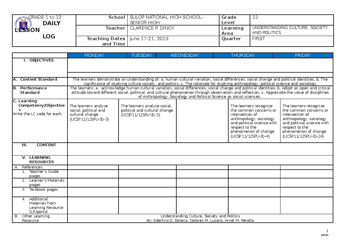 Anthropology - read - .GRADE 1 to 12 DAILY LESSON LOG School SULOP ...